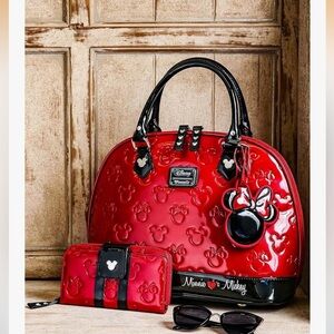 Disney’s  Loungefly Red Embossed Satchel emphasizing the love of Mickey & Minnie